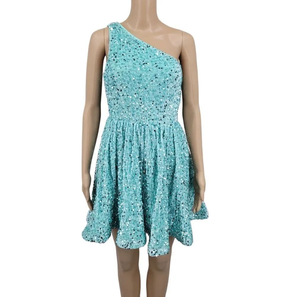 Faeriesty Crushed Velvet One Shoulder Sequin Dress in Aqua Blue
